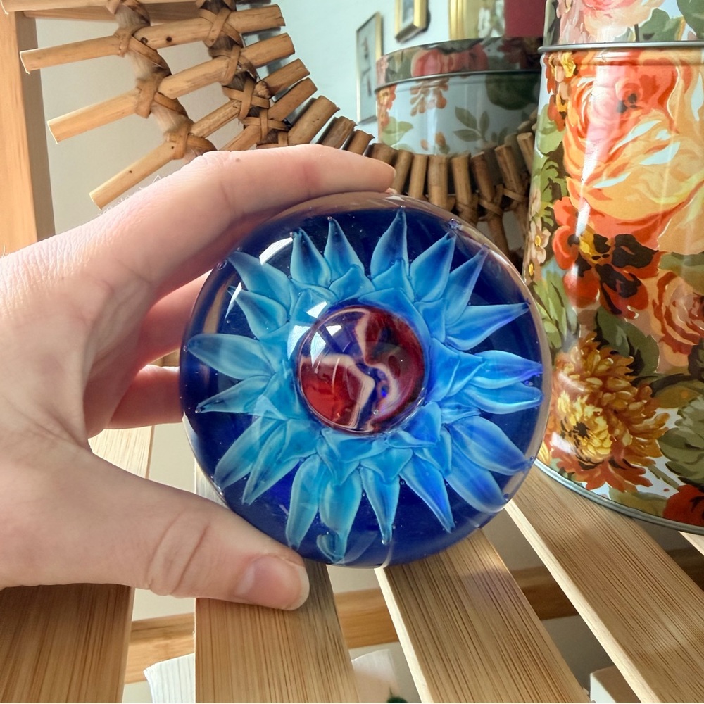 SOLD Blue Floral Glass Art Piece - Picture 3 of 4